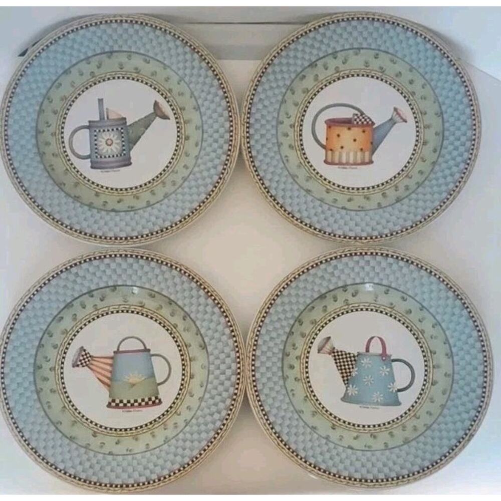 Lot of 4 Sakura Watering Can Salad Plates 8"Debbie Mumm Vtg Floral Checkerboard